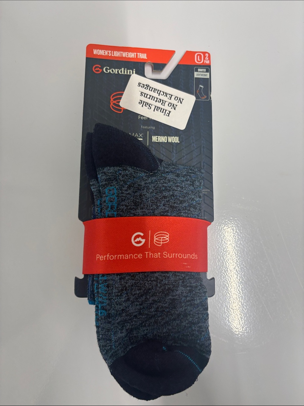 Gordini Women's 2 pair pack lightweight quarter sock blue black size large NWT
